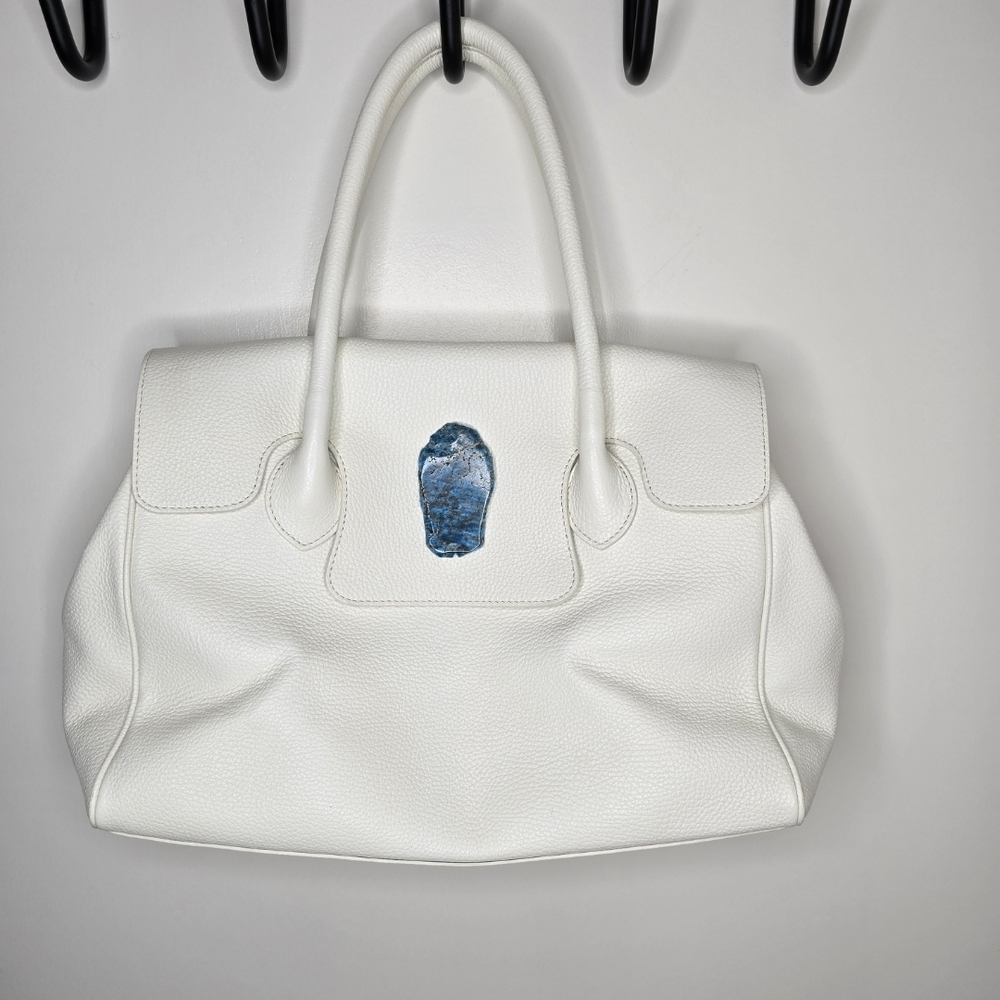 Uno Alla Volta Ivory Florentine Leather Tote With Blue Apatite Accent NWOT